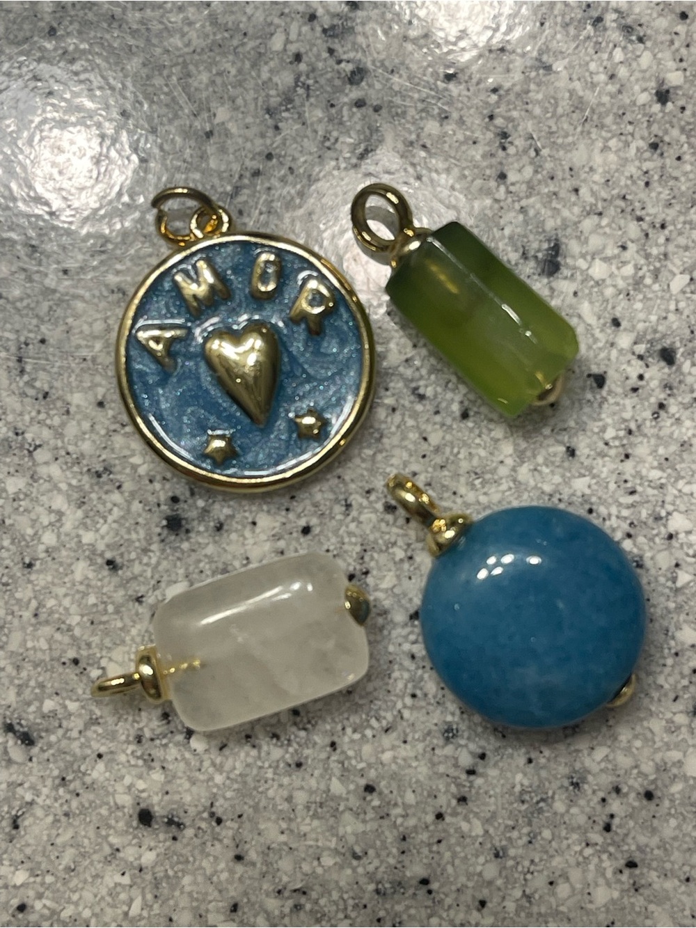 Blue Enamel Heart Charm Pendant with Mixed Stone Charms - Gold Accents